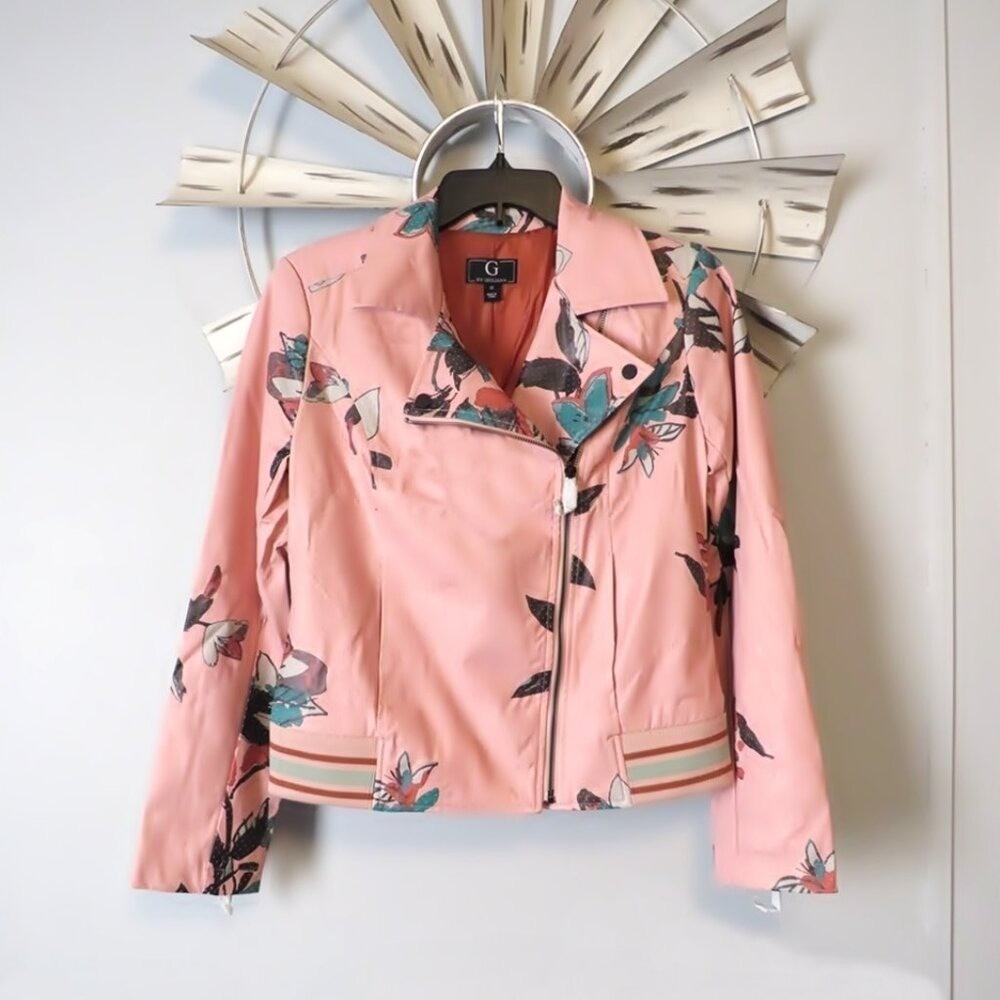 G by Giuliana Pink Floral Faux Leather Moto Jacket
